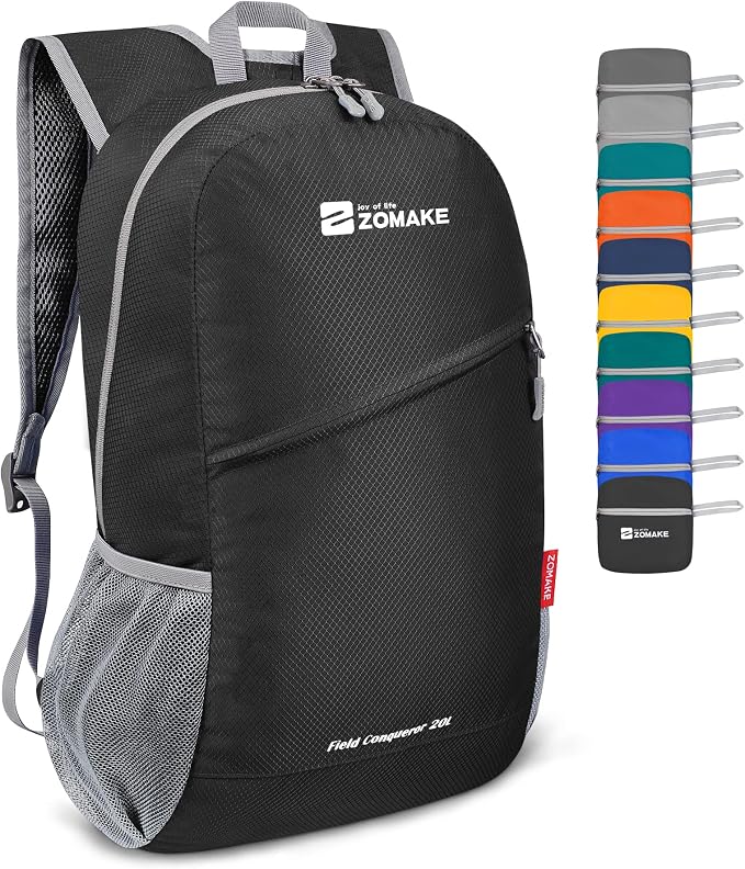 ZOMAKE Lightweight Packable Backpack 20L, Foldable Small Daypack for Hiking | Water Resistant Backpacks Day Bag for Travel Outdoor Camping Sport, Everyday Carry, Multi Compartment Storage(Black)