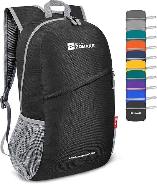 ZOMAKE Lightweight Packable Backpack 20L, Foldable Small Daypack for Hiking | Water Resistant Backpacks Day Bag for Travel Outdoor Camping Sport, Everyday Carry, Multi Compartment Storage(Black)