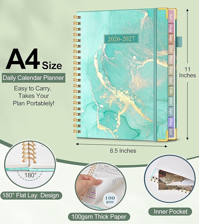 Academic Planner 2026-2027, Hardcover Weekly and Monthly Calendar Planner from July 2026 - June 2027, Daily Agenda Planners with Tabs, College School Organizer for Student Teacher, A4 (8.5" x 11"), Teal Marble