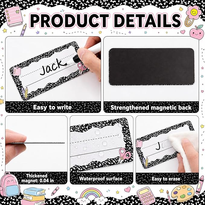 60 Pcs Composition Notebook Magnetic Name Tags Reusable Dry Erase Labels Thickened Magnetic Back Name Plate Stickers for Classroom Desks Whiteboard Locker Office Bulletin Board Decor Supplies