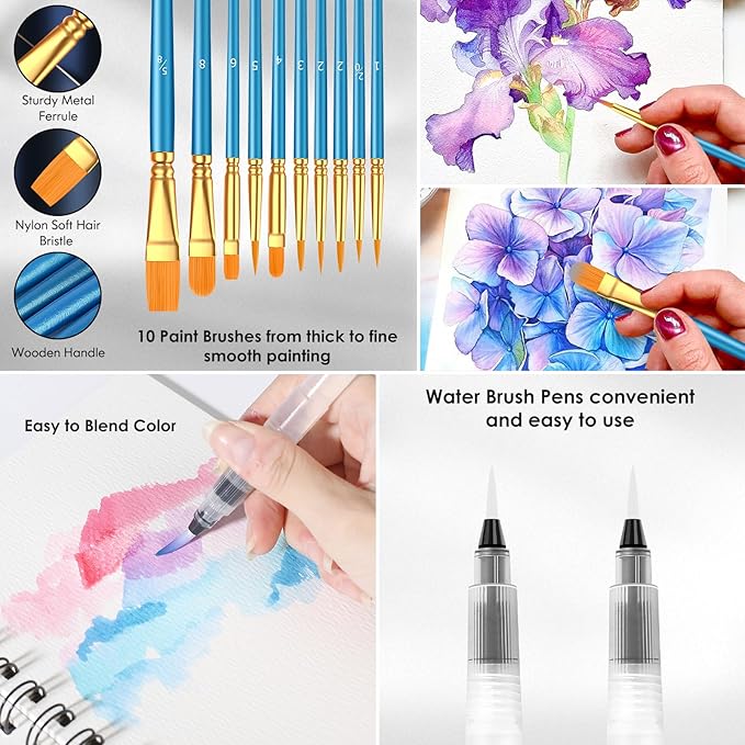 Taotree Watercolor Paint Set, Watercolor Workbook, Water Coloring Book, 48 Colors Watercolors Kit Water Colors with 10 Paint Brushes, Palette, Brush, Drawing Pad, Painting Supplies for Adults Artist