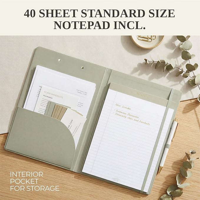 Aesthetic Clipboard Folio with Refillable Lined Notepad & Interior Pocket – Cute Padfolio/Legal Pad Holder for Women – Easily Organize Notes at Work, School, or Home