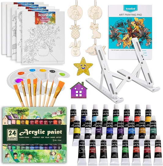 koseibal Acrylic Art Set with 24 Acrylic Paints, 8 DIY Wooden Stencils 5 Canvas Panels 8 Brushes, Table Easel, Etc, Painting Supplies Kit for Kids Students Artists and Beginner