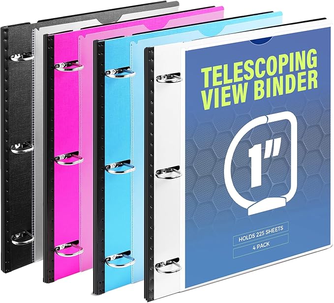 WOT I 4-Pack Telescoping 3 Ring Binder 1 Inch, Expandable Flexible Binder - Patented Design for Easy Portability, Holds 8.5"x11" Paper, Perfect for School, Office&Home Organization