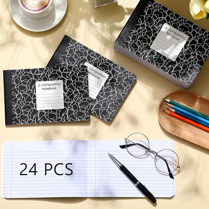 Resurhang 24 Pcs Jr. Composition Notebooks Colored Marble Half Size 4-7/8 x 7-1/2 Inches Composition Notebook 80 Sheet Marble Wide Ruled Assorted Primary Cover Notepad Bulk (Black)