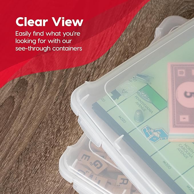 IRIS USA Board Game Storage Containers, 4-Pack |Made in USA| Organizers with Built-In Handle & Snap-Tight Lid for Puzzles, Scrapbook, and Fits 8.5" x 11" or A4 Papers, Slim - Clear