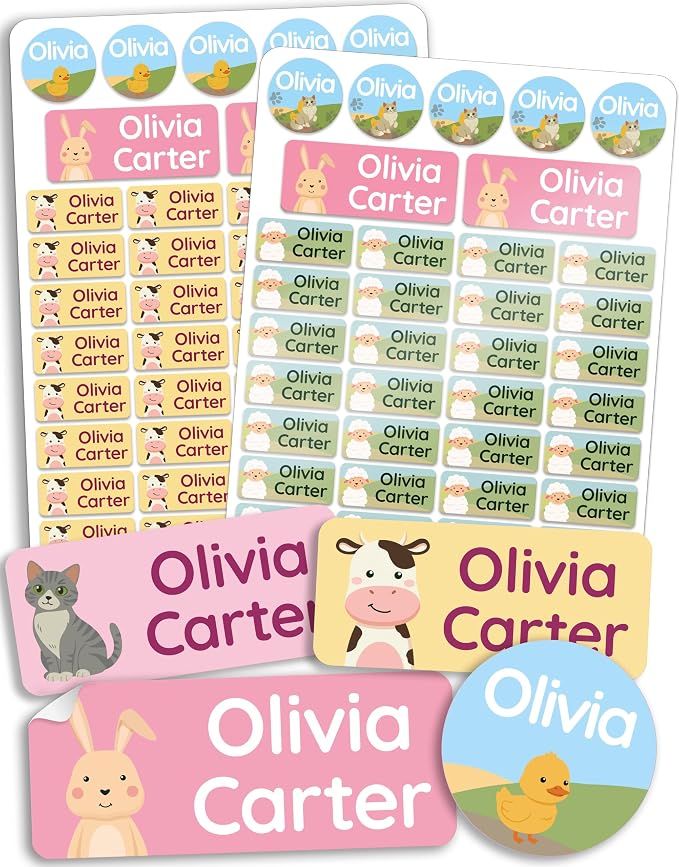 Personalized Daycare Name Labels for Kids [140pcs, Cozy Farm] - Waterproof Name Stickers for School, Baby Bottles & Clothing - Custom Name Stickers - Washable Stick On Labels (Various Sizes)