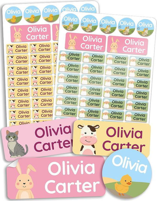 Personalized Daycare Name Labels for Kids [140pcs, Cozy Farm] - Waterproof Name Stickers for School, Baby Bottles & Clothing - Custom Name Stickers - Washable Stick On Labels (Various Sizes)