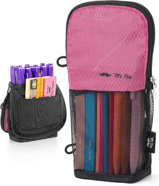 Mr. Pen- Standing Pencil Case Pouch, Sit & Lay Mesh-View Design, Black & Pink, Interior Pocket & 2 Elastic Binder Loops, Cute Pencil Case for Girls and Boys