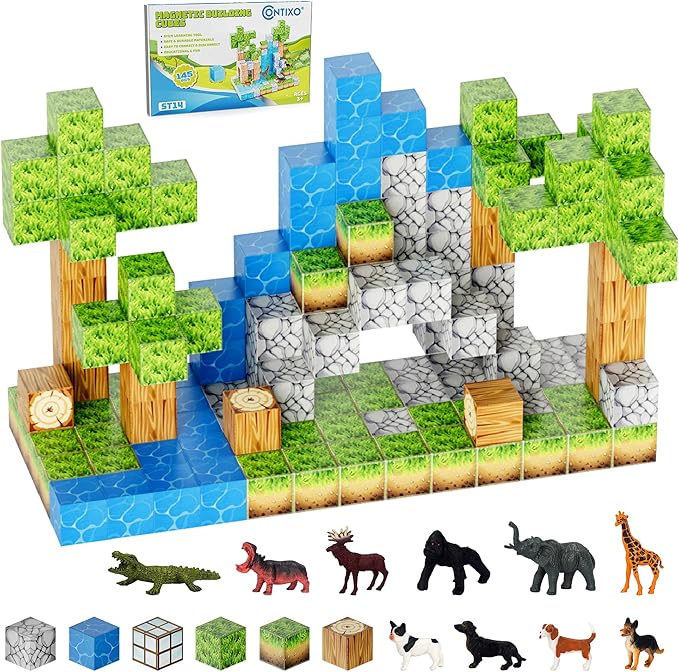 Contixo Kids Magnet Toys - ST14 145 PCs Magnetic Tiles, 3D Building Blocks, STEM Construction Creativity, Imagination, Recreational, Educational Block for Children Toddler Kids Ages 4-8