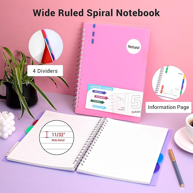 FLYING EAGLE Hardcover Spiral Notebooks 7" X 10" Note Taking 5 Subject Notebook Wide Ruled with Dividers, 204 Pages Lined Spiral Journal Notebook for Work Writing, Pink B5