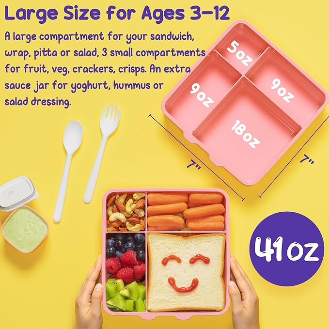 Fimibuke Kids Bento Snack Lunch Box with 4 Compartment, Insulated Lunch Bag, Stainless Steel Vacuum Thermo Food Jar, Ice Pack, Utensils Set, Birthday Gifts for Age 3-12 Back to School Toddler Girl Boy