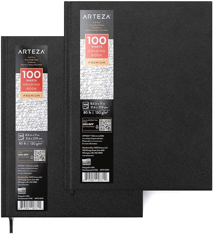 ARTEZA Hardcover Sketchbooks, Pack of 2, 8.5 x 11 in, 100 Sheets Each, 80 lb / 130 GSM, Acid-Free Fine-Tooth Drawing Paper, Faux Leather Hardbound for Graphite, Colored Pencil, Charcoal, Pastel & Ink