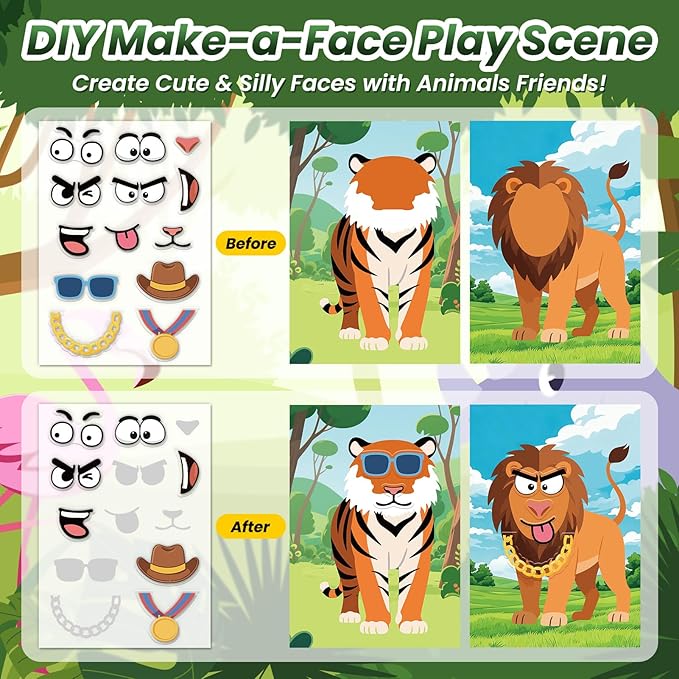 Animals Reusable Sticker Book for Toddlers, DIY Make-a-face Animals Jelly Fun 3D Stickers, Washable Puffy Stickers for Kids Toys, Airplane Road Trip Travel Activities Essentials for Kids 3 4 5 Years