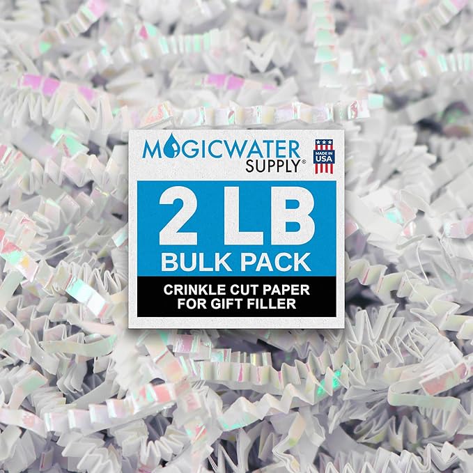 MagicWater Iridescent Crinkle Cut Paper for Gift Baskets - 2LB Diamond White - Perfect for Shredded Paper Filler, Basket Filler, Gift Boxes, Bridesmaid Gifts, Halloween Stuffers