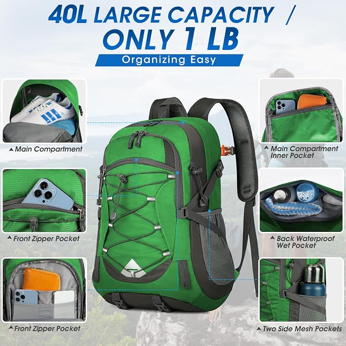 IGOLUMON Hiking Backpack 40L Packable Lightweight Camping Daypack Men Women | Multi-compartment storage Water-resistant Foldable Nylon Material Hiking Day pack for Camping Cycling Outdoor