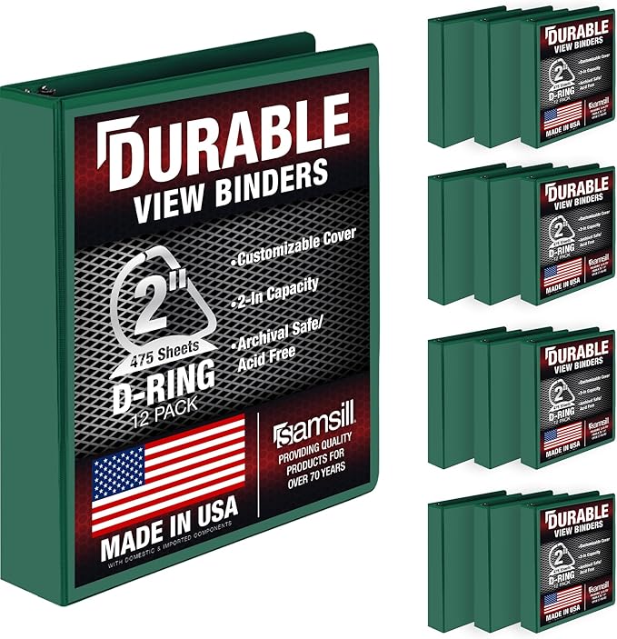 Samsill Durable 2 inch 3 Ring Binder, D Ring Binder, 100% Recycled Chipboard, Green, 12 Pack