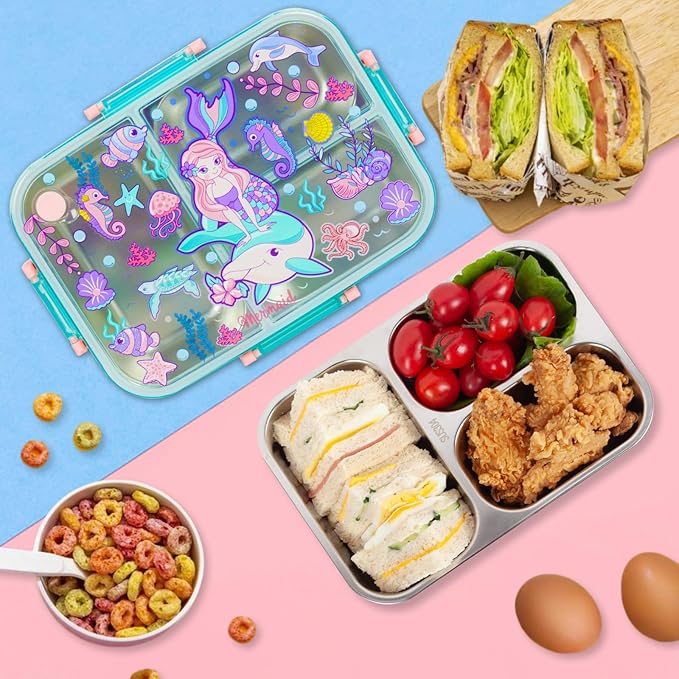 Stainless Steel Bento Lunch Box for Kids, 800ml/27oz BPA-Free Leak-Proof Food Containers with 3 Compartments, Freezer & Dishwasher Safe, Back to School Students Lunches Size for Ages 3-7