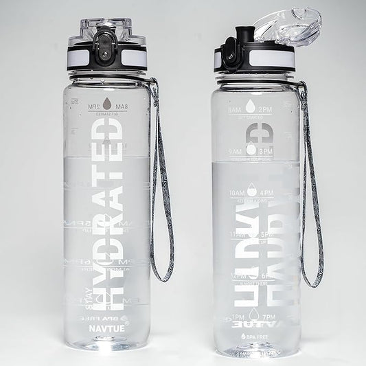 Water Bottle, 32 oz Sports Water Bottles with Time Marker Wide Mouth, Motivational and Leakproof Drink Bottle, BPA Free Tritan with Carry Strap for Gym Fitness Outdoor(1 Bottle)