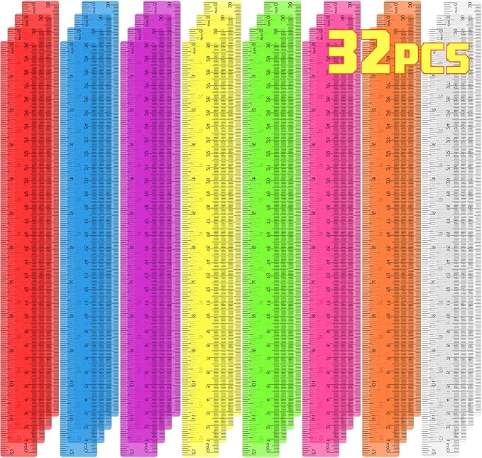32 Pack Clear Plastic Rulers 12 Inch, Rulers Bulk for Classroom, Transparent Assorted Color Rulers with Inches & Centimeters, School Supplies for Students & Teachers, Back to School Essentials