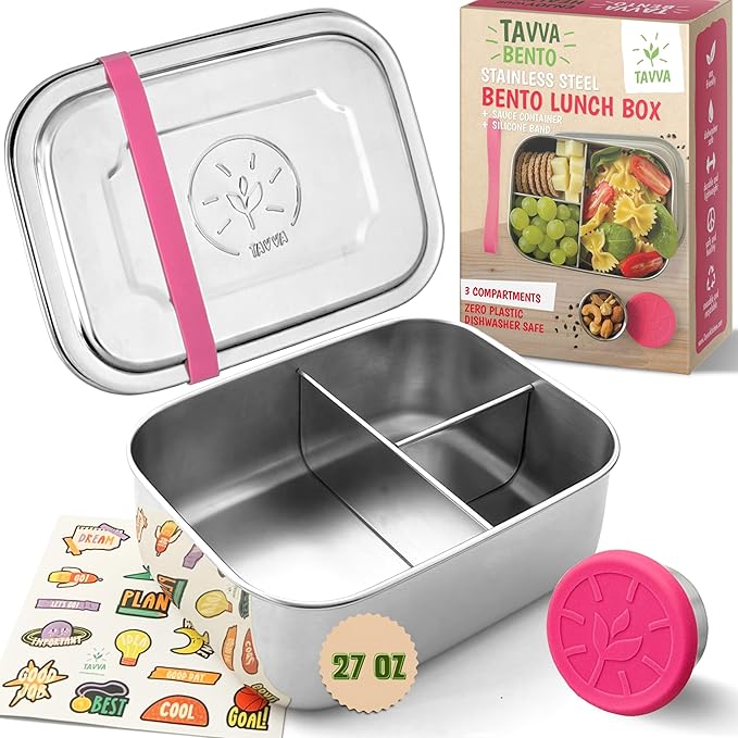 TAVVA 2-Container Lunch System Ages 6-9 - 27oz Organized Stainless Steel Bento Box for Kids with 100% Steel Lid (Dry Foods) + 1.7 Sealed Cup (All Wet Items) - Easy-Clean Design - Dishwasher Safe