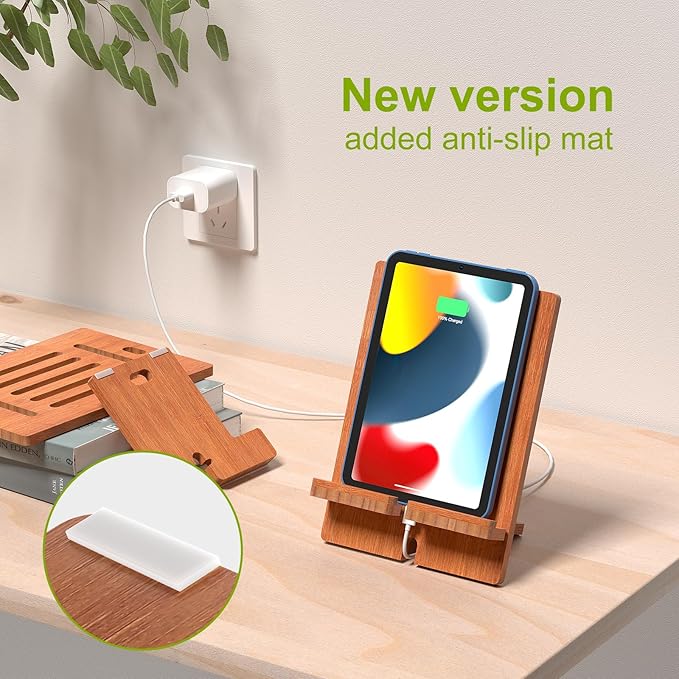 Pezin & Hulin Bamboo Tablet Stand Adjustable, Desktop Cell Phone Stand Holder Dock Compatible with Pad Air/Pro/Mini, E-Reader, Smartphone (Support to 4.7-13" Devices)-Brown