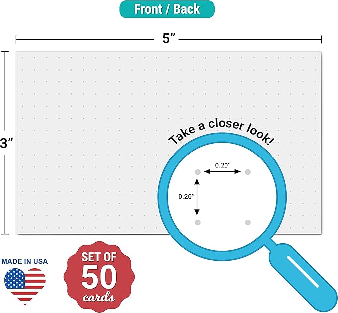 321Done Dot Grid Index Cards, Dot Pattern - Made in USA - Extra Small 3x5 (Set of 50) Dot Bullet 0.20 Double-Sided Journal Planning Graph Ruled Grids Thick Heavy Duty Cardstock, White