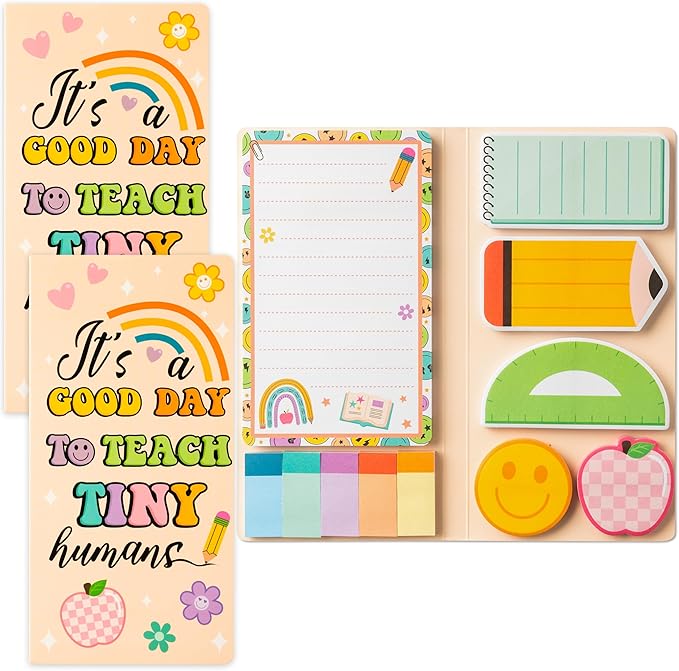 B1ykin Retro Teacher Sticky Notes Set - A Good Day to Teach Tiny Humans Self-Stick Notes Pad, 550 Sheets Writing Memo Pages Sticky Notepad for Teacher Appreciation Gifts, School Office Supplies (2Pcs)