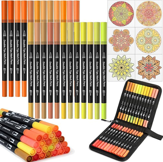 Orange&Yellow Dual Tip Brush Pen,Colored Fine & Brush Calligraphy Pens, Dual Tip Yellow Markers for Adult Coloring Books Drawing Planner Calendar Art Sketch Outlining Sketching Calligraphy