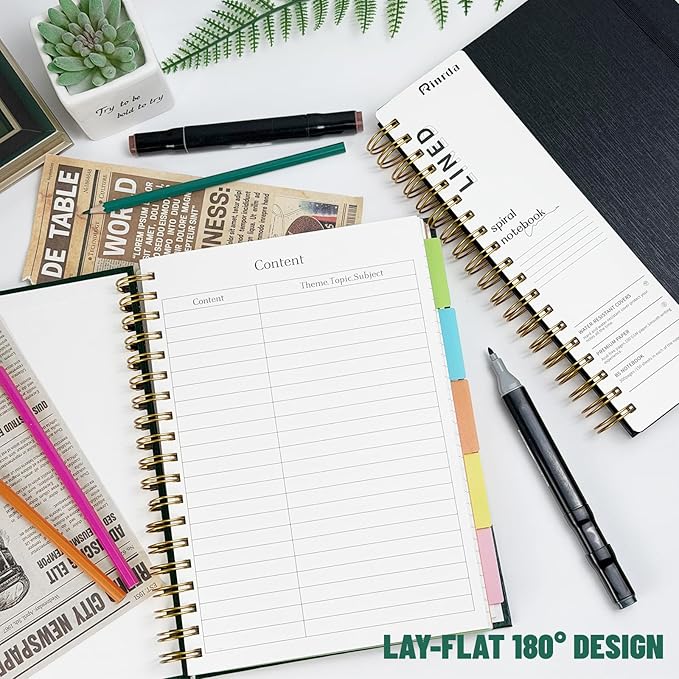 Hardcover Spiral Notebook with removable dividers 300 page,5 Subject Notebook 8"x10" B5 College Ruled Notebooks for School Note taking，Lined Journal for Women (Green)