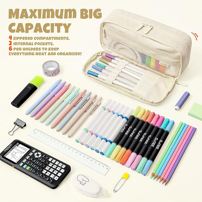 SUNEE Pencil Case, Large Capacity Pencil Pouch, Aesthetic Big Pen Bag, Soft Corduroy Fabric Pen Box for Office Stationery Organizer School Supplies Multifunctional for Teen Boys Girls Women Men, Cream
