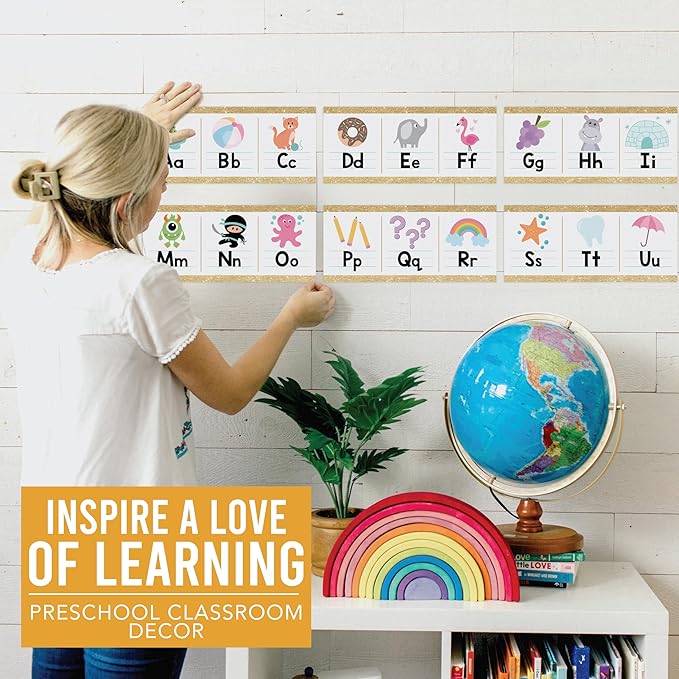 Hadley Designs Alphabet for Classroom Wall Decor - ABC Posters for Classroom Wall Chart Preschool & Kindergarten, ABC Letters & Number Line Elementary, Alphabet Cards, Varsity Letter Classroom Decor