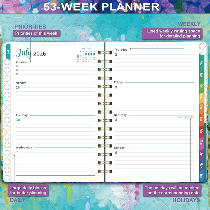 Planner 2026-2027 - Academic Planner 2026-2027, Jul 2026 - Jun 2027, 2026 2027 Planners Weekly and Monthly, 6.3" x 8.4", 26-27 Calendar Planners with Hardcover, Colorful Tabs, Pocket - Oil Painting
