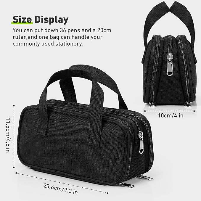 Zannaki Large Pencil Case, Big Capacity Pencil Pouch Pen Bag with 3 Compartment, Portable Canvas Stationery Organizer with Zipper, Cute Aesthetic School Supplies for Teen Girls Boys College,Black