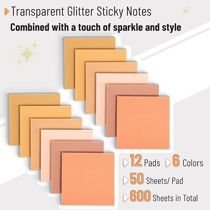 Mr. Pen- Transparent Glitter Sticky Notes, 3”x3”, 12 Pads, 600 Sheets, Glitter Transparent Note Pads, Self-Stick Bible Journaling Sticky Note for Women, Bible Journaling Supplies