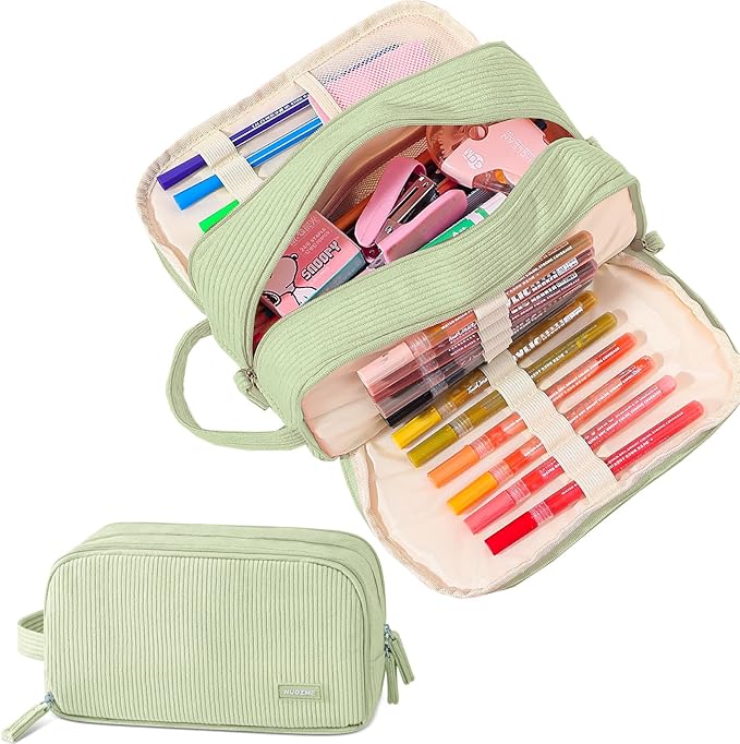 3 Compartment Pencil Case,Large Capacity School Supplies Pencil bag with Easy Handle, Soft Corduroy Pencil Pouch, Aesthetic Supply Pen Case Bag Organizer For Teen Girls College (Green)