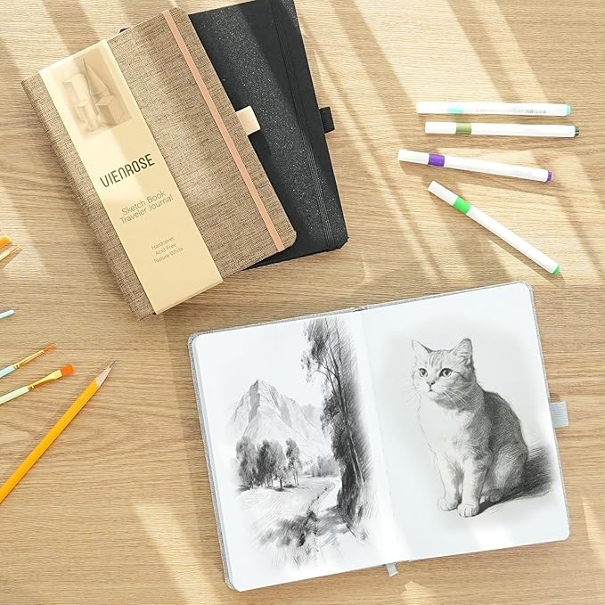 Vienrose 8.7"x5.7" Sketch Books, Linen Cover Hardbound Sketching Book with Acid-Free Paper, Drawing Pad for Kids, Beginners & Professionals, Art Supplies for Adults & Students(Black, 60 Sheets)