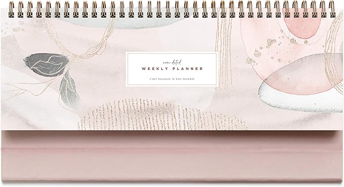 Pink Abstract Non-Dated Spiral Weekly Desk Calendar Planner, 60 Week Inspirational To Do List Pad Desktop Stand, 3.75" x 10.5", La Lune Collection by Bright Day