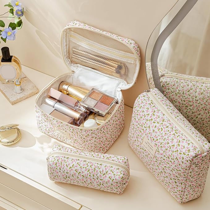 HBselect Quilted Makeup Bag, 3Pcs Cotton Large Travel Makeup Bags Organizer | Cute Floral Make up Bag Cosmetic Bag Toiletry Bag for Women Girls, Makeup Pouch for Skincare, Brushes & Travel Essentials