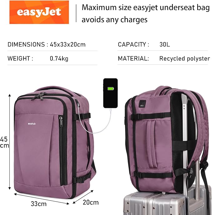 ECOHUB Travel Backpack 18x14x8 Frontier Airlines Personal Item Bag Pink | Carry On Backpack with 13 Pockets, Casual Daypack for Men Women Airline Approved Water Resistant Back pack with Charging Port