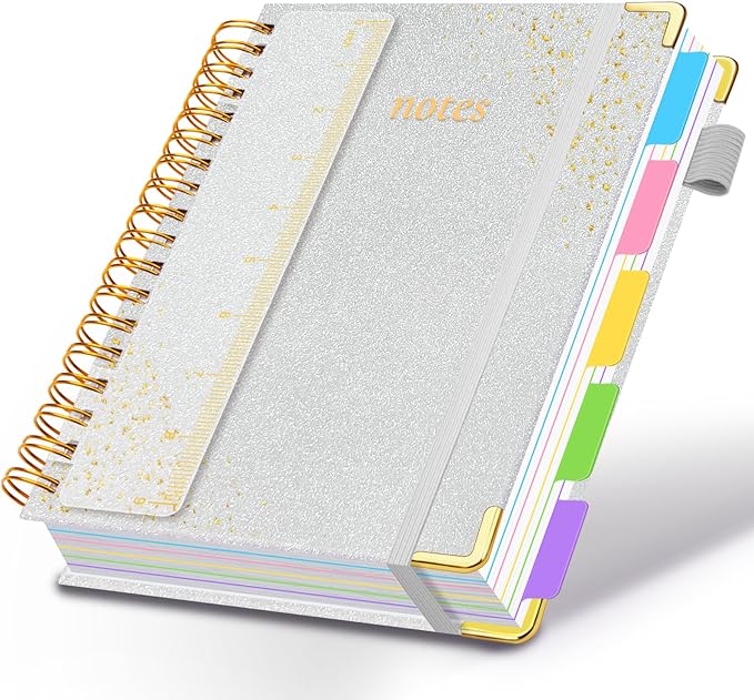 Hardcover Spiral Notebook with Removable Dividers & Tabs, 8"x10" 5 Subject Notebooks for Work, 300 Pages College Ruled Notebook, B5 Sparkle Lined Journal for Women Girls Note-Taking (Silver)