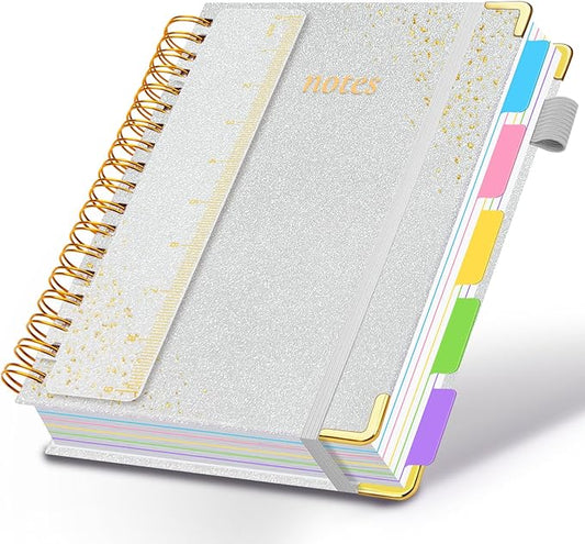 Hardcover Spiral Notebook with Removable Dividers & Tabs, 8"x10" 5 Subject Notebooks for Work, 300 Pages College Ruled Notebook, B5 Sparkle Lined Journal for Women Girls Note-Taking (Silver)