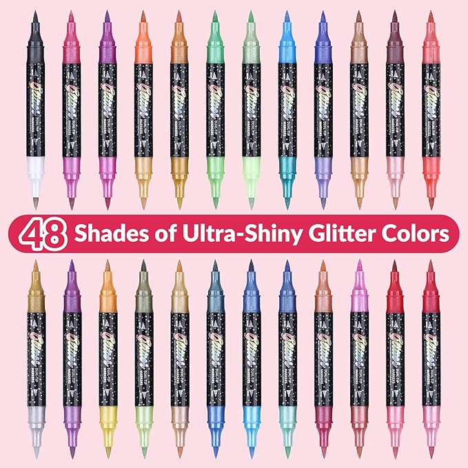 KEMYR Glitter Effect Brush Markers Pens,48 Colors Dual Tip Glitter Pens Set 24 Pack Metallic Sparkle Markers for Cards, DIY Crafts, Doodle, Writing, Adults Coloring Books, Art Supplies Scrapbooking