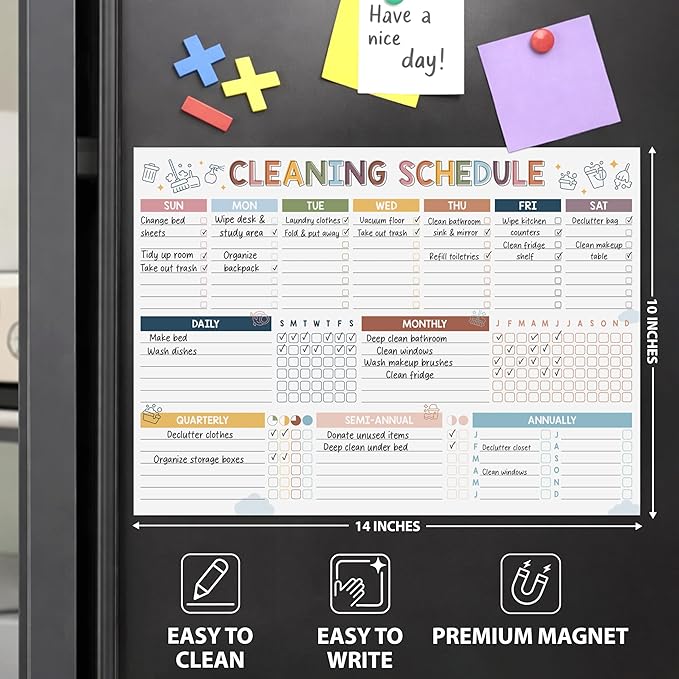 Magnetic Cleaning Schedule and Checklist Dry Erase Board - Reusable Cleaning Schedule for Home, Kitchen & Bathroom | Weekly & Monthly Chore Chart for Adults, Strong Magnet, Easy Erase