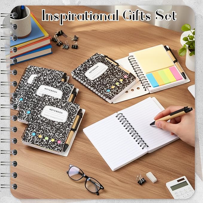 Dunzoom 24 Sets Spiral Notebook Bulk, Steno Pads Lined Notepad with Pen, Sticky Notes Colored Index Tabs, 5.2" x 4.1" Pocket Notebook for Home Business Office Supplies, 60 Sheets (Black)