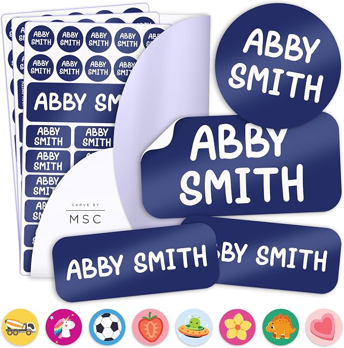 Personalized Daycare Name Labels for Kids, 148 Pack Waterproof Custom Name Stickers for Clothing Tags, Lunch Boxes and School Supplies, Made in USA by MSC - Solid Dark Colors
