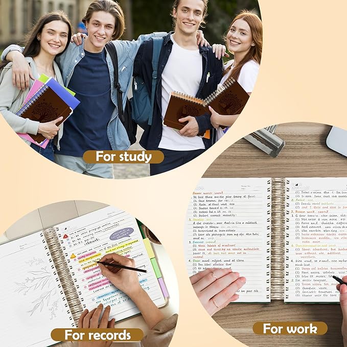 QIYVLOS Hardcover Spiral Notebook, B5 Journal with Removable Dividers Tabs, 5 Subject Notebook College Ruled, 320 Pages 8"x10" Leather Notebooks for Work School Study, Lined Journal for Women, Brown