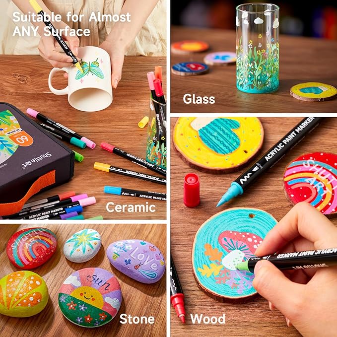 Shuttle Art 60 Colors Dual Tip Acrylic Paint Markers, Brush Tip and Fine Tip Acrylic Paint Pens for Rock, Ceramic, Wood, Canvas, Plastic, Glass, Stone, Calligraphy, Card Making, DIY Crafts