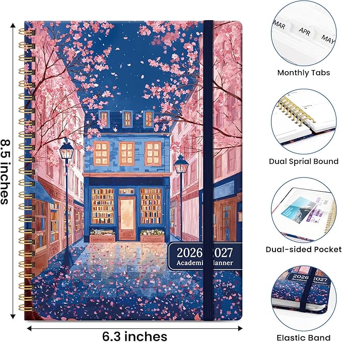 Planner 2026-2027, Hardcover Monthly and Weekly Academic Planner July 2026 - June 2027, Teacher and Student Calendar Agenda Book with Tabs, A5 (6.3" x 8.5"), Ideal for School and Office, Cherry Lane