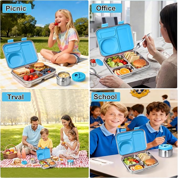 Stainless Steel Bento Lunch Box：7+ Older Kids，Teens ＆ Adult with Insulated Food Jar,Leakproof 3-Compartment,BPA-Free, Eco-Friendly,Dishwasher Safe, Large-Capacity Box, School,Office,Travel （Blue)